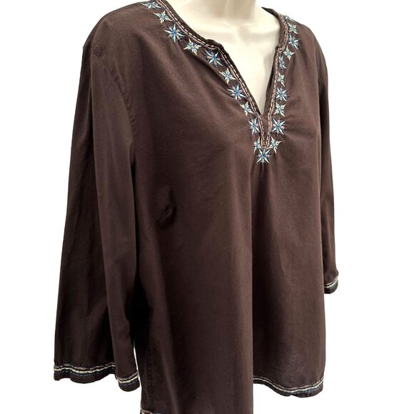 Talbots Womens Embroidered Brown 3/4 Sleeve V-Neck Stretch Top Size XL - Picture 2 of 9